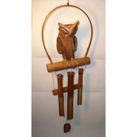 Carillon cloche en bois et coco en forme de chouette hiboux